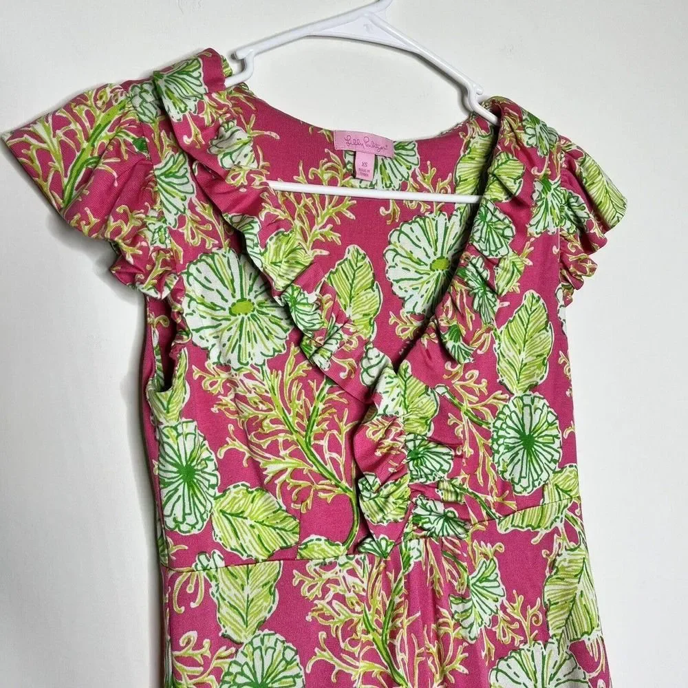 Lilly Pulitzer Clare Silk Blend Jersey Dress‎ Ruffle Pink Green Floral Size XS